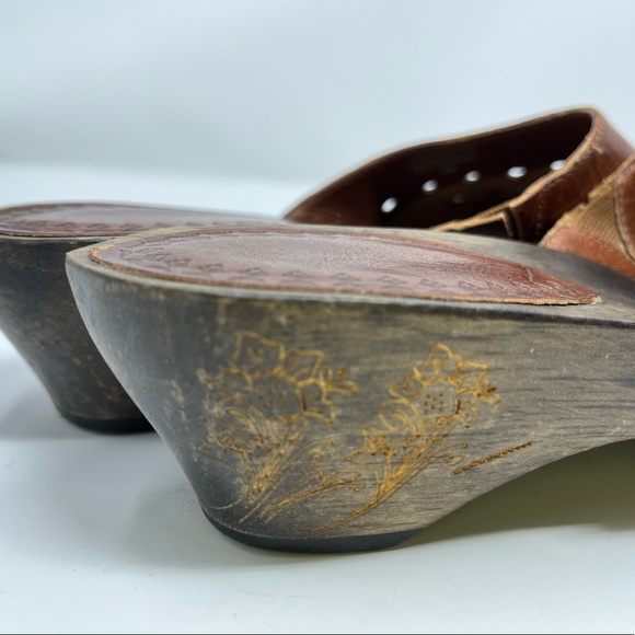 Matisse Mules carved wood block heel womens 8 brown leather shoes - Picture 9 of 12